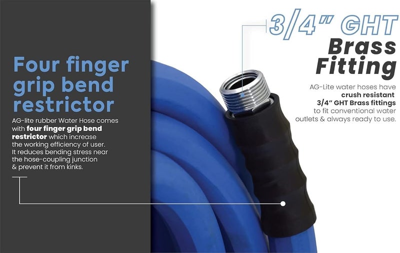 BluBird AG-LITE AL3425 3/4" x 25' Rubber Farm & Ranch Water Hose, Lightweight, 500 PSI, 50F to 190F Degree, Polyester Braided, Brass GHT Fittings, 4 Finger-Grip Bend Restrictor, Agriculture & Industrial Use - Image 4